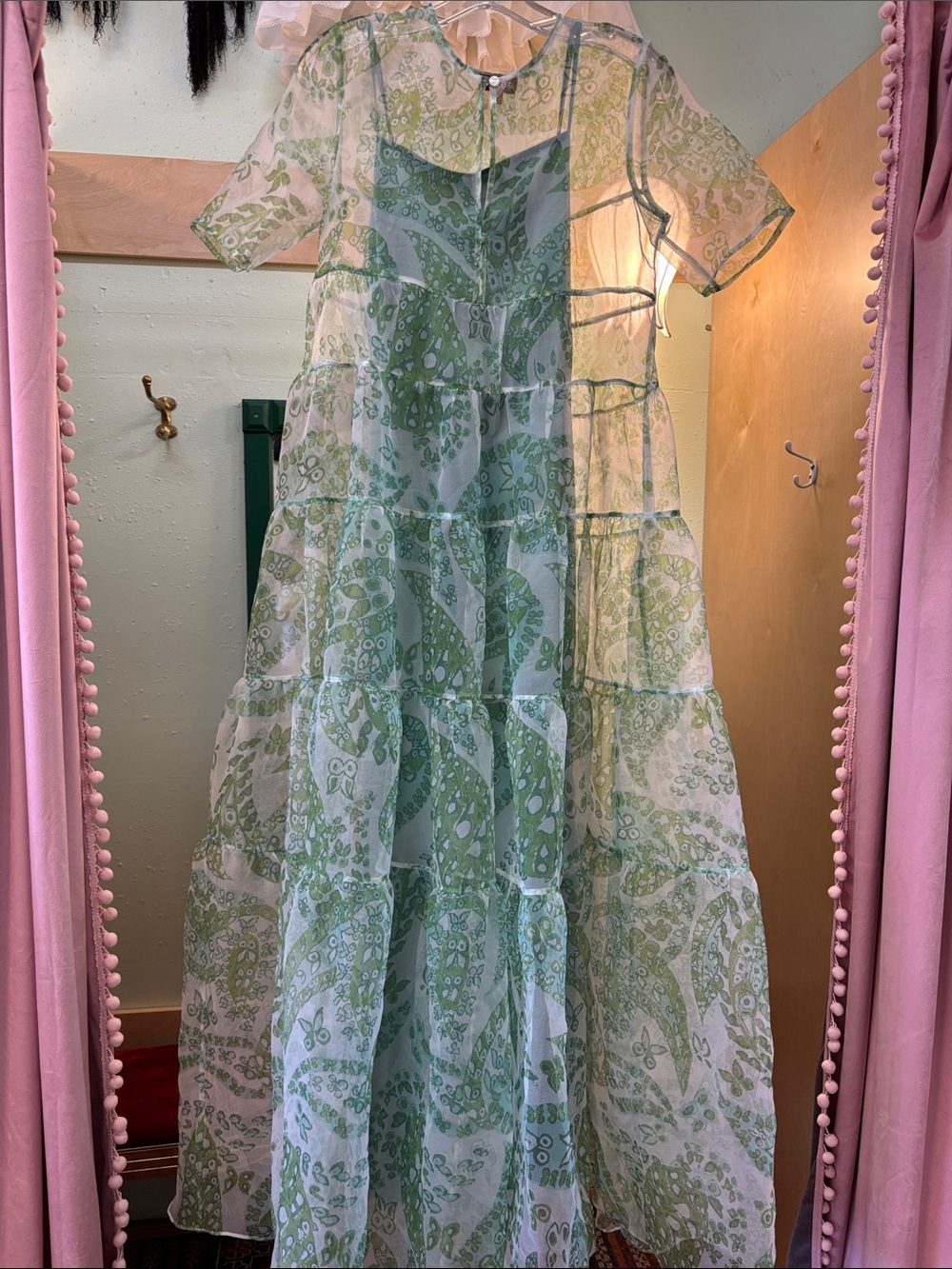Staud Green Paisley Tiered Sheer XS Maxi Dress